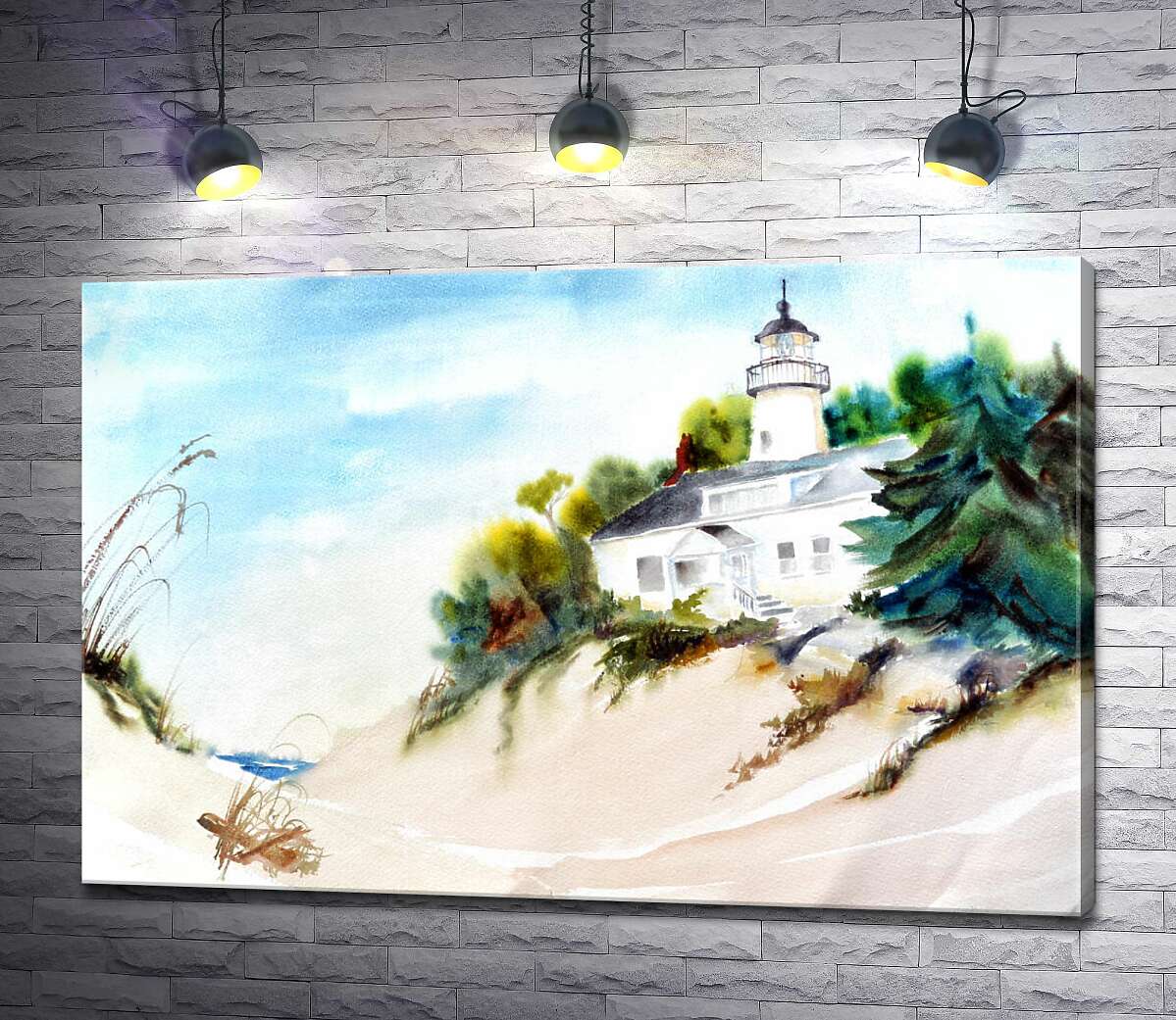 картина Маяк на березі моря стоїть в оточенні дерев