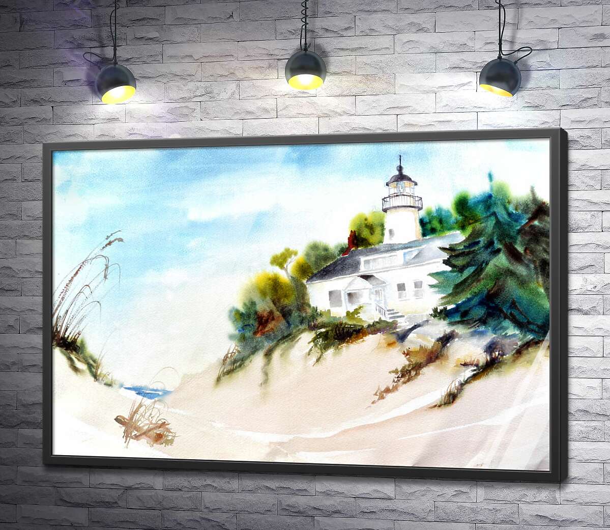 постер Маяк на берегу моря стоит в окружении деревьев