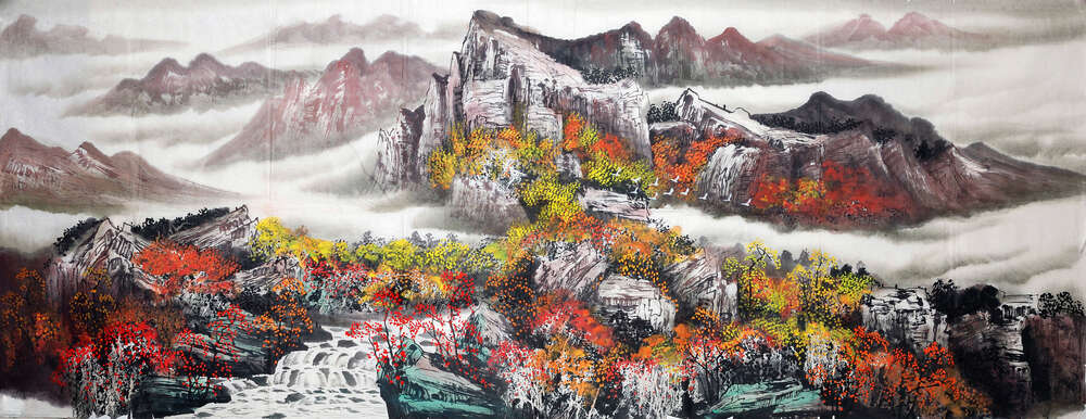 картина-постер Скалистые склоны гор украшены осенними деревьями