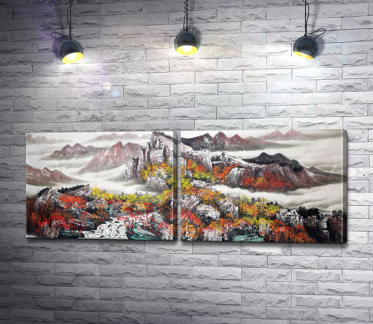 модульная картина Скалистые склоны гор украшены осенними деревьями