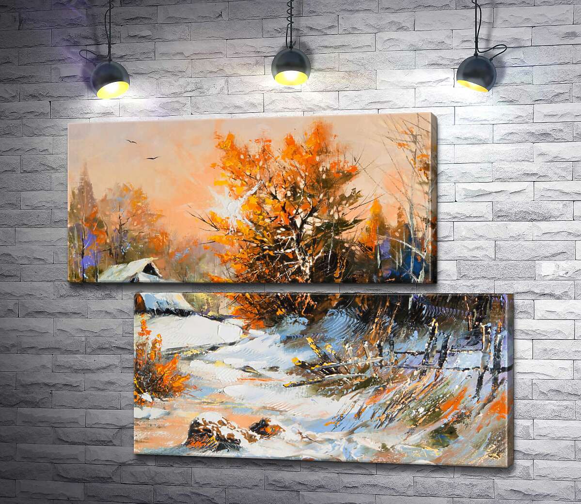 модульная картина Солнце светит сквозь желтые листья куста возле заснеженной дороги (Модуль №8)
