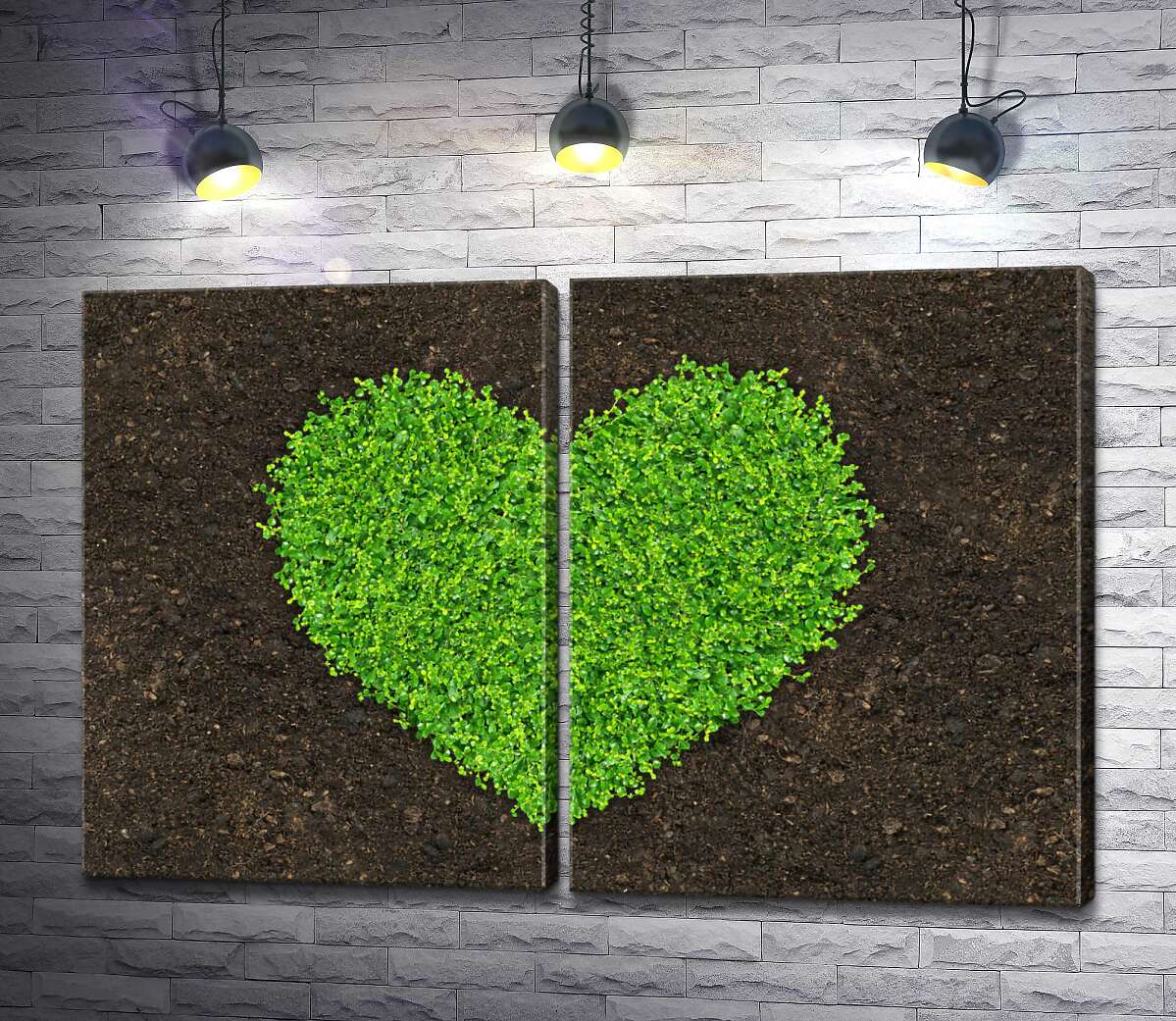 модульная картина Сердце из проросшей на земле зелени