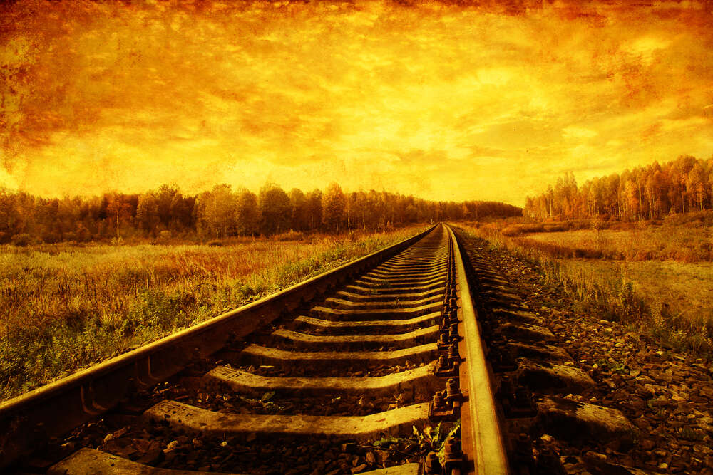 картина-постер Залізнична дорога зникає в глибині жовтого лісу