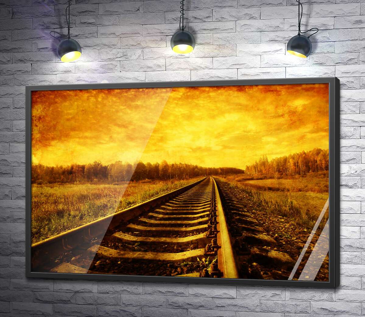 постер Железнодорожный путь исчезает в глубине желтого леса