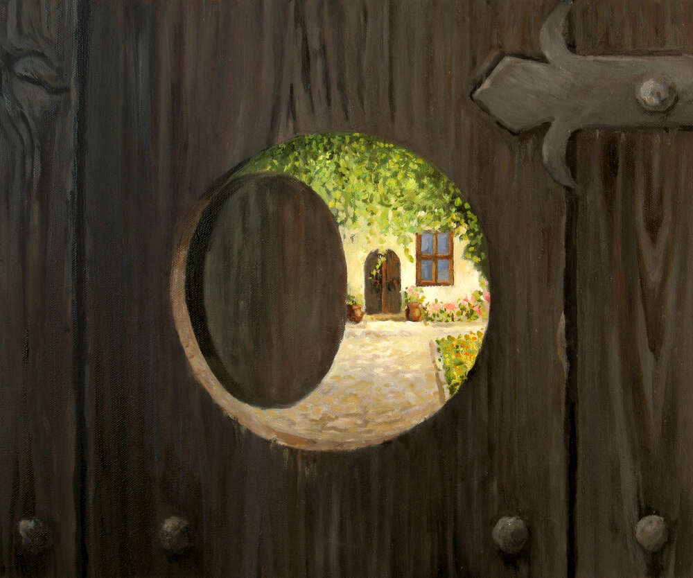 картина-постер Вход в дом виднеется сквозь окошко в заборе