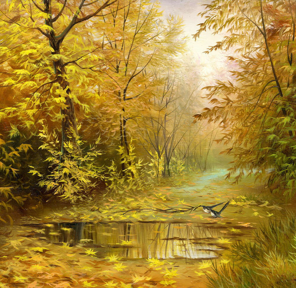 картина-постер Прозрачная лужа разлилась на тропе в осеннем лесу