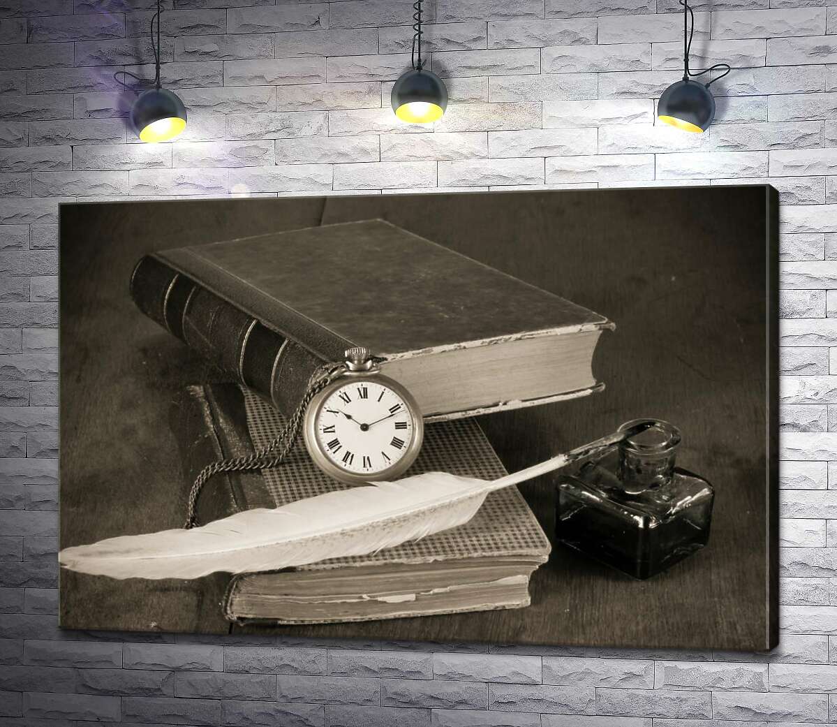 картина Кишеньковий годинник сперся на старі книги поряд з чорнильницею та пером