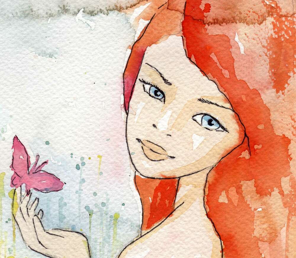 картина-постер Рыжая девушка с бабочкой на руке