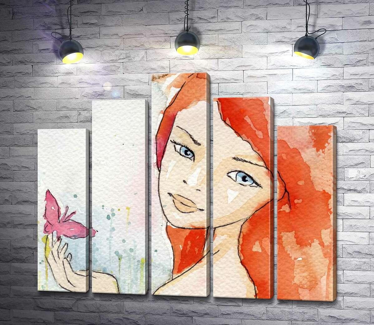 модульная картина Рыжая девушка с бабочкой на руке (Модуль №29)