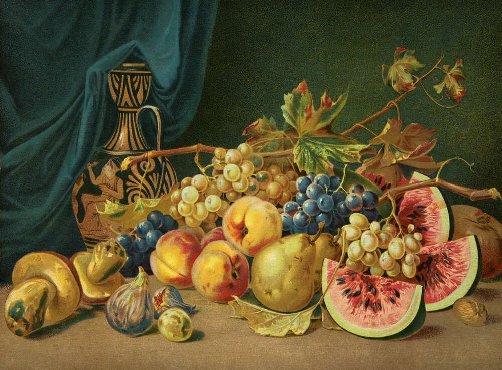 картина-постер Греческая ваза и летние фрукты на натюрморте