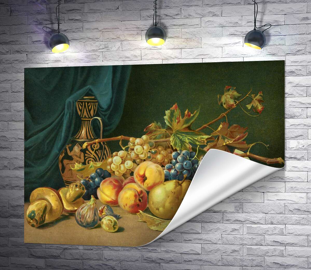 друк Грецька ваза та літні фрукти на натюрморті