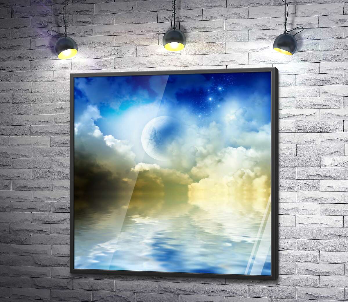 постер Силуэт полной луны выступает из-за облаков над водой