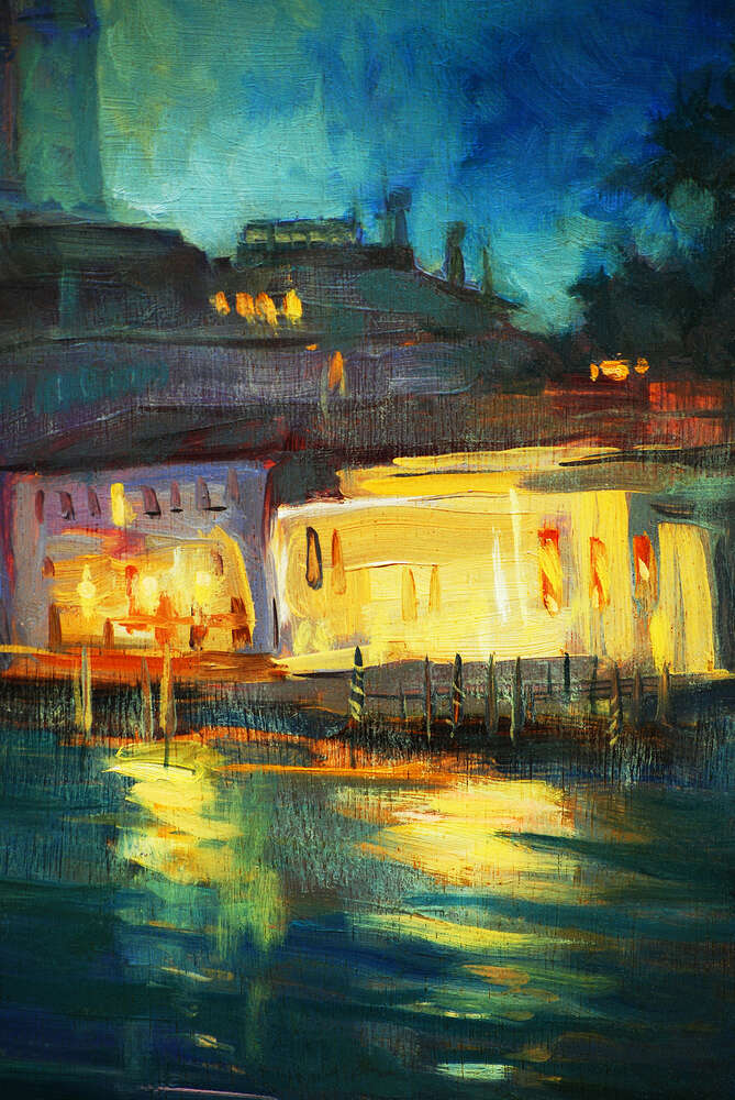 картина-постер Огни ночного дома над водой