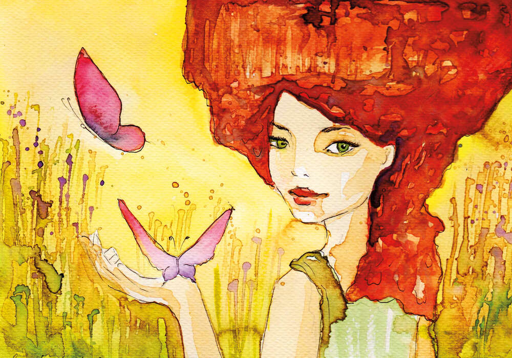 картина-постер Рыжеволосая дама гуляет по полю с бабочками