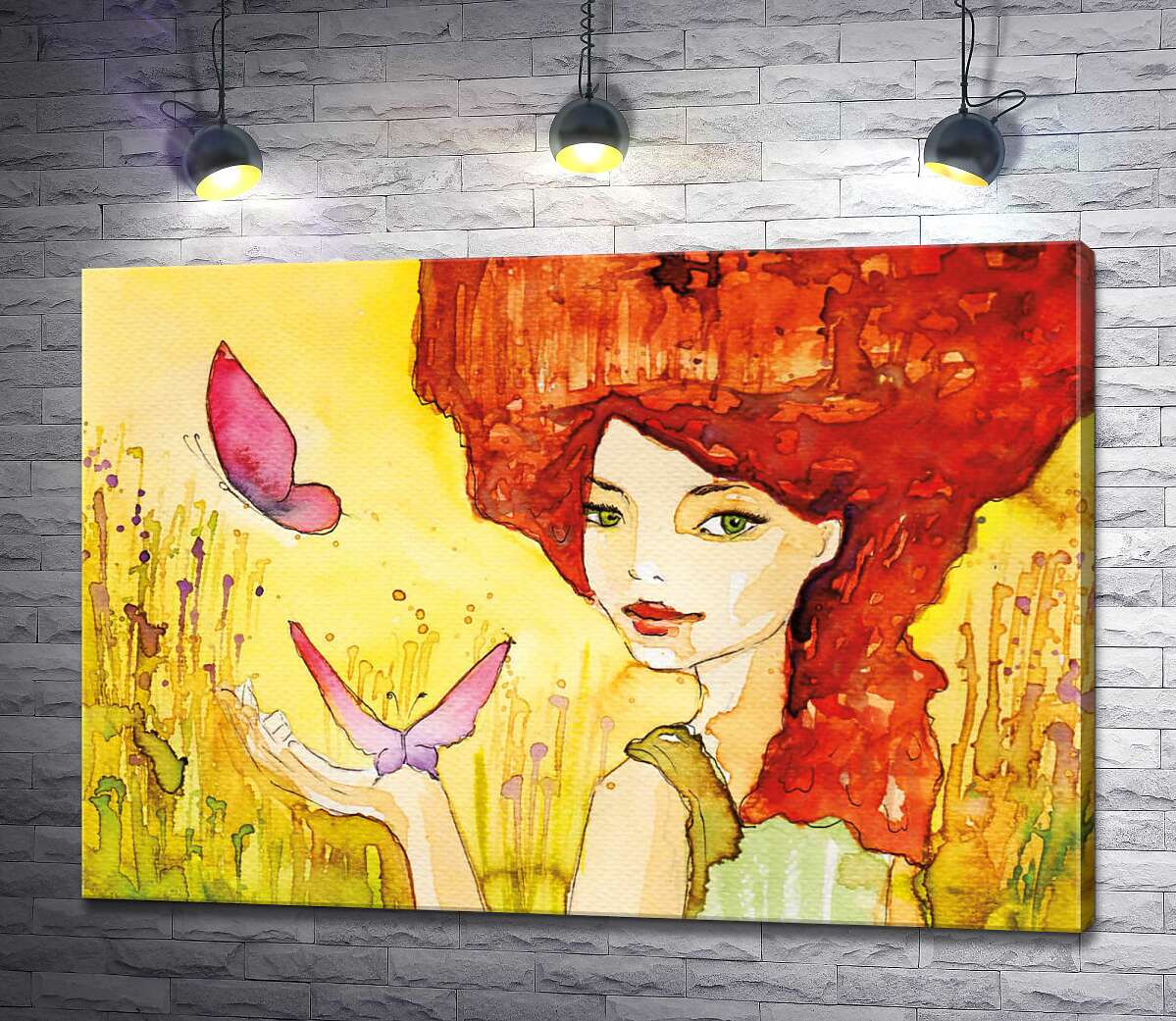 картина Рыжеволосая дама гуляет по полю с бабочками