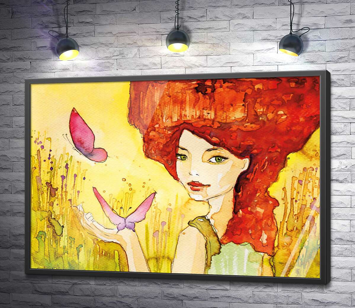 постер Рыжеволосая дама гуляет по полю с бабочками
