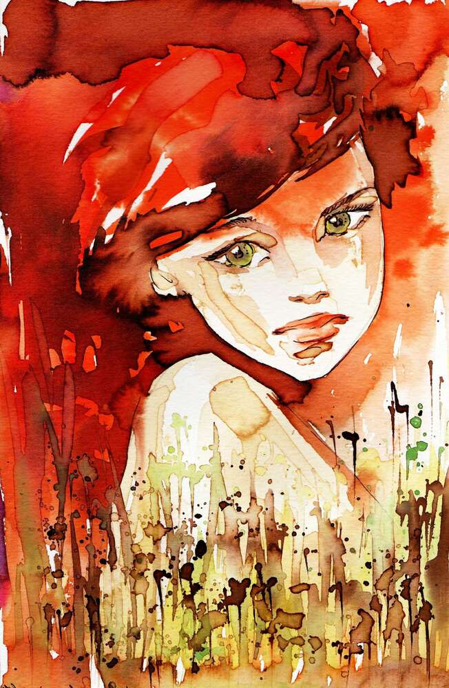 картина-постер Силуэт зеленоглазой девушки с пылающими рыжими волосами