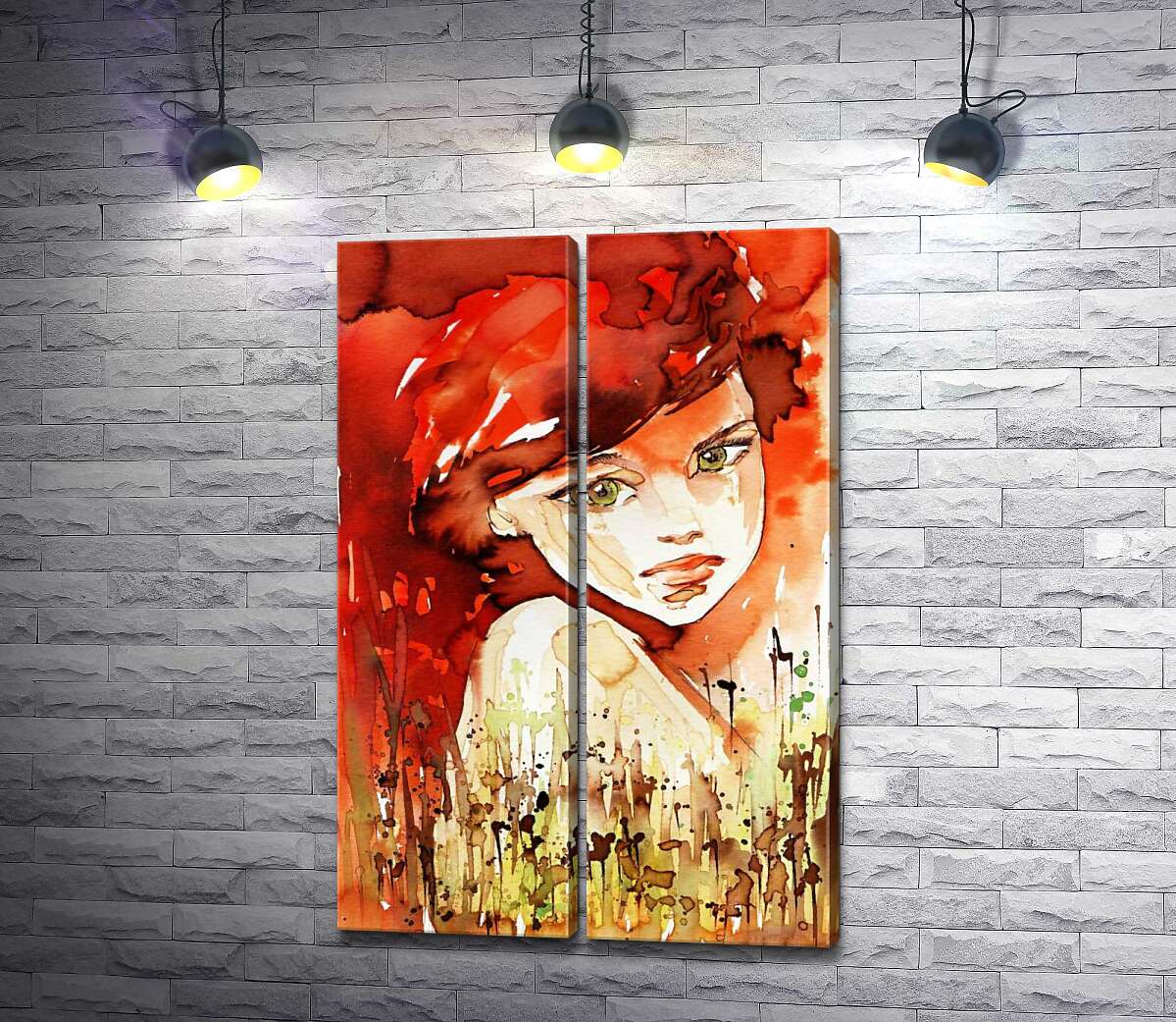модульная картина Силуэт зеленоглазой девушки с пылающими рыжими волосами