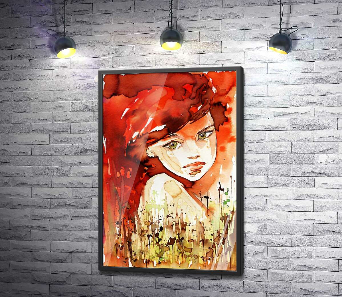постер Силуэт зеленоглазой девушки с пылающими рыжими волосами