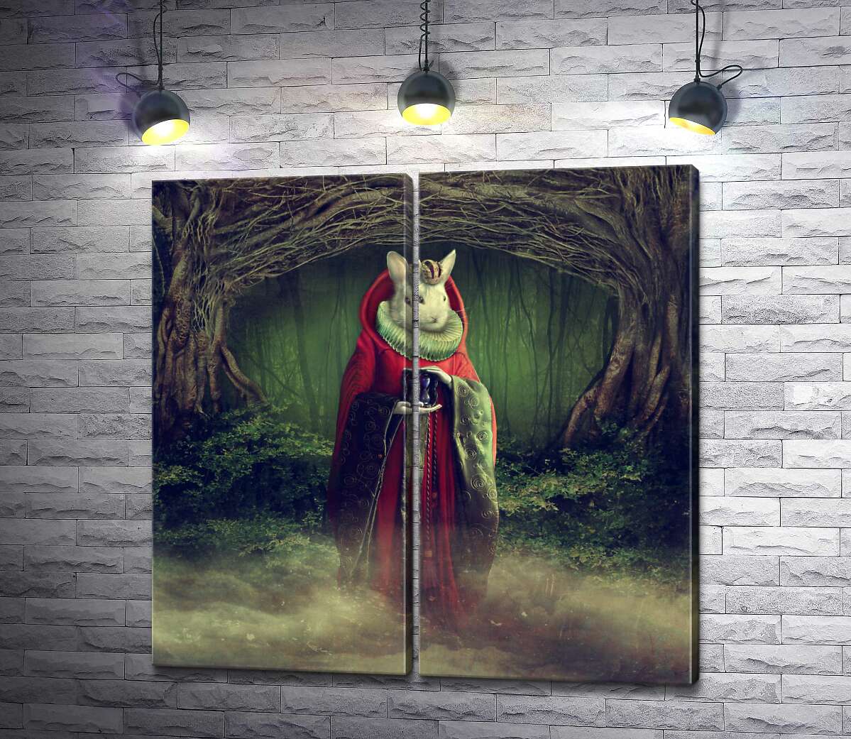 модульная картина Король кролик стоит среди туманного леса