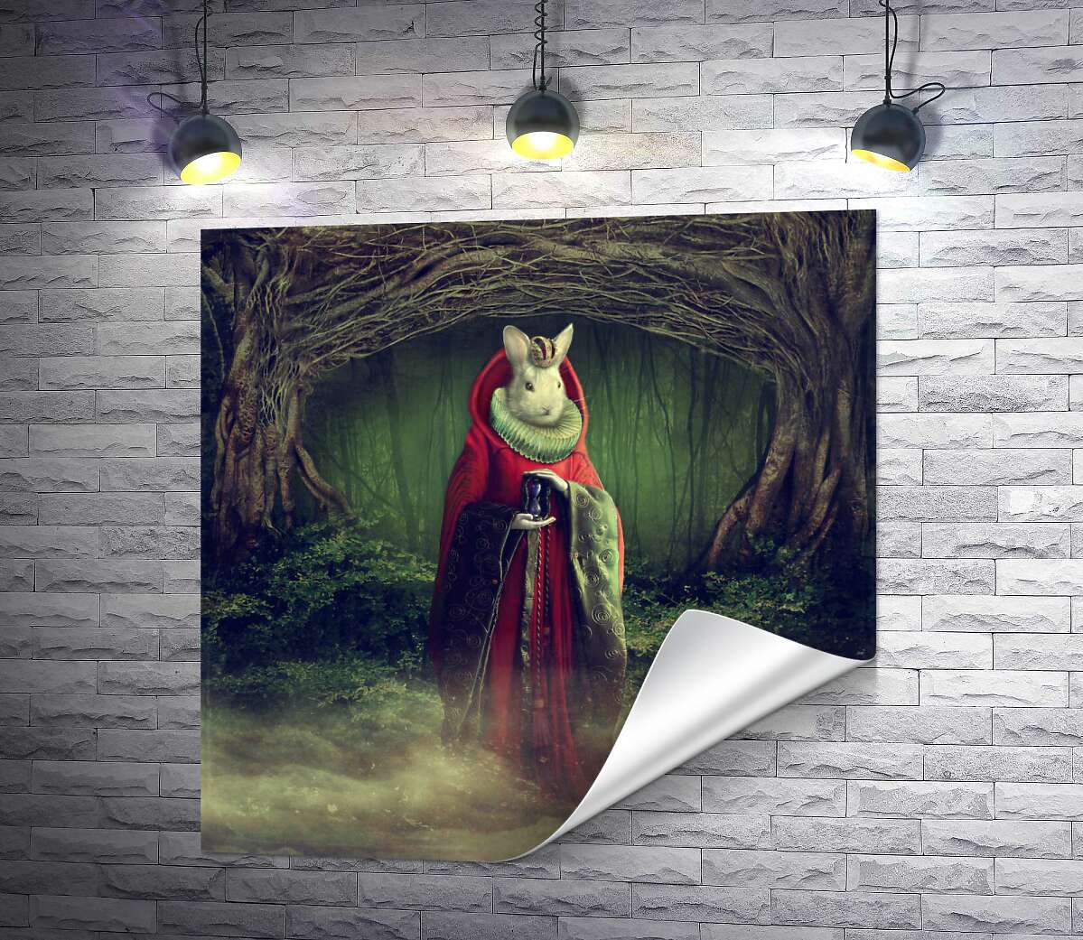 друк Король кролик стоїть серед туманного лісу