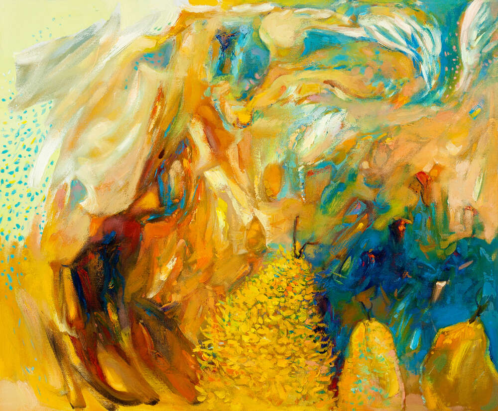 картина-постер Блакитні вкраплення в жовтій абстракції