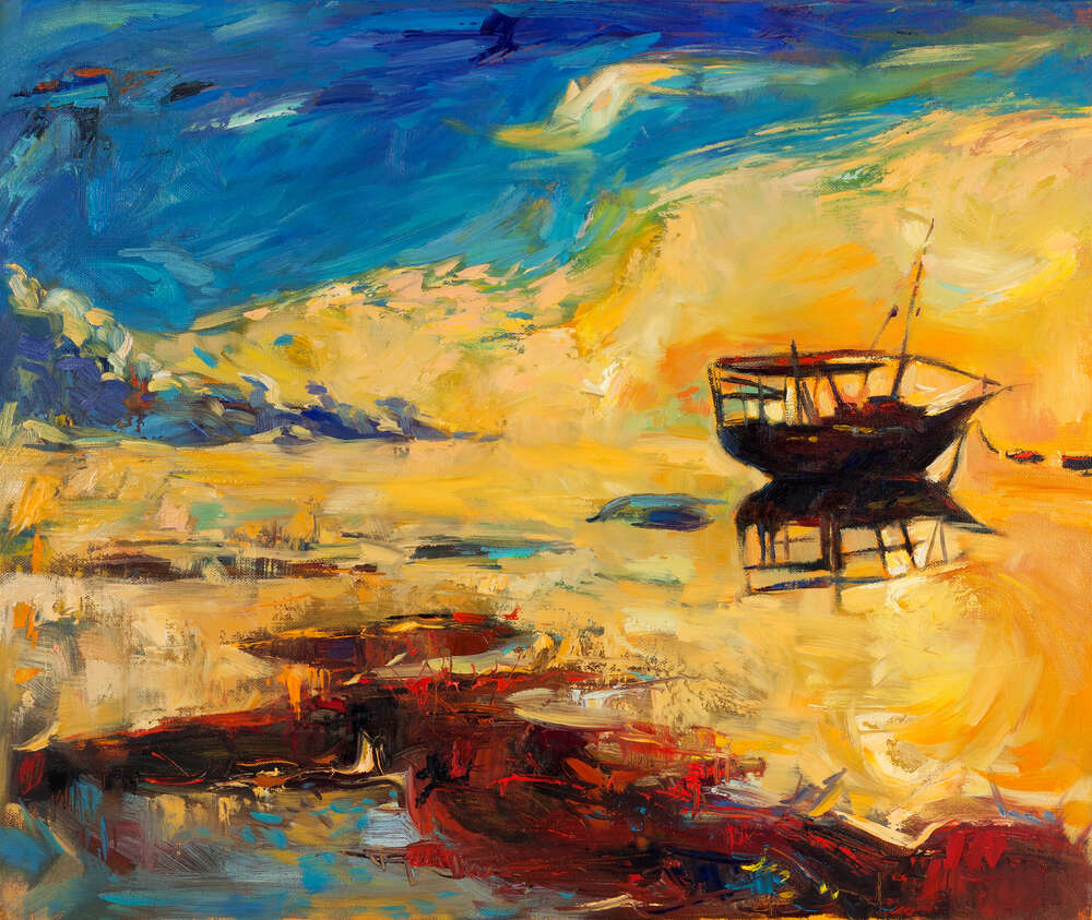 картина-постер Силуэт плывущей по воде лодки