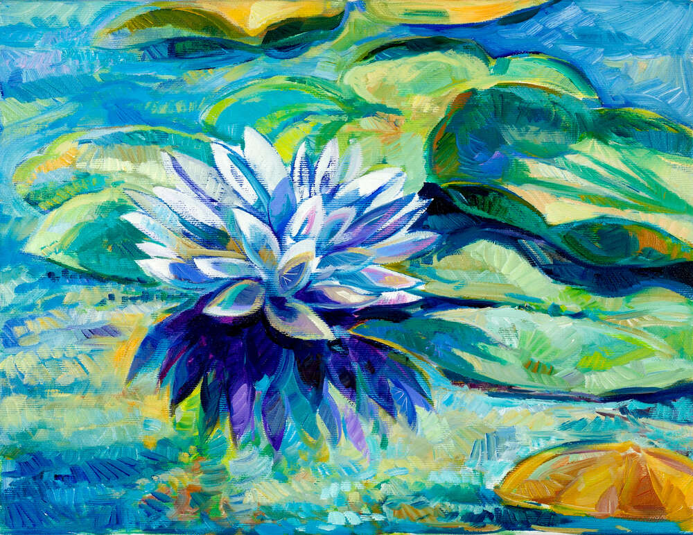 картина-постер Пишна квітка латаття плаває на воді між листям