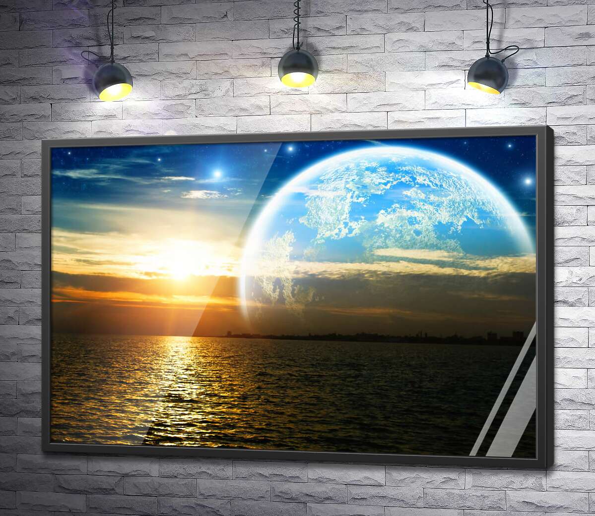 постер Силуэт планеты над водой вечерней реки