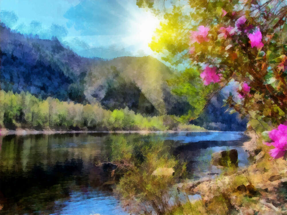 картина-постер Квітучий кущ на березі гірської річки