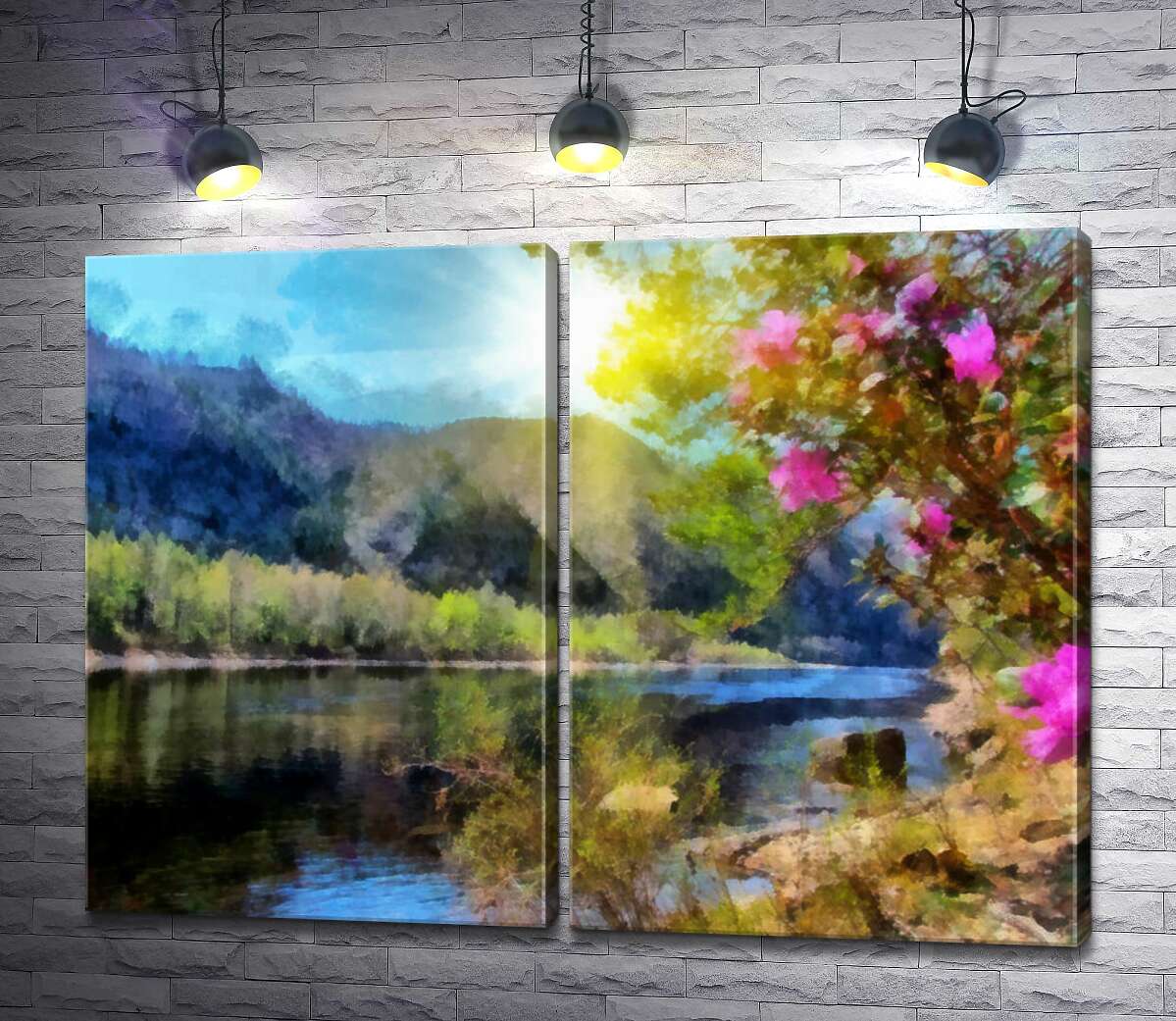 модульная картина Цветущий куст на берегу горной реки