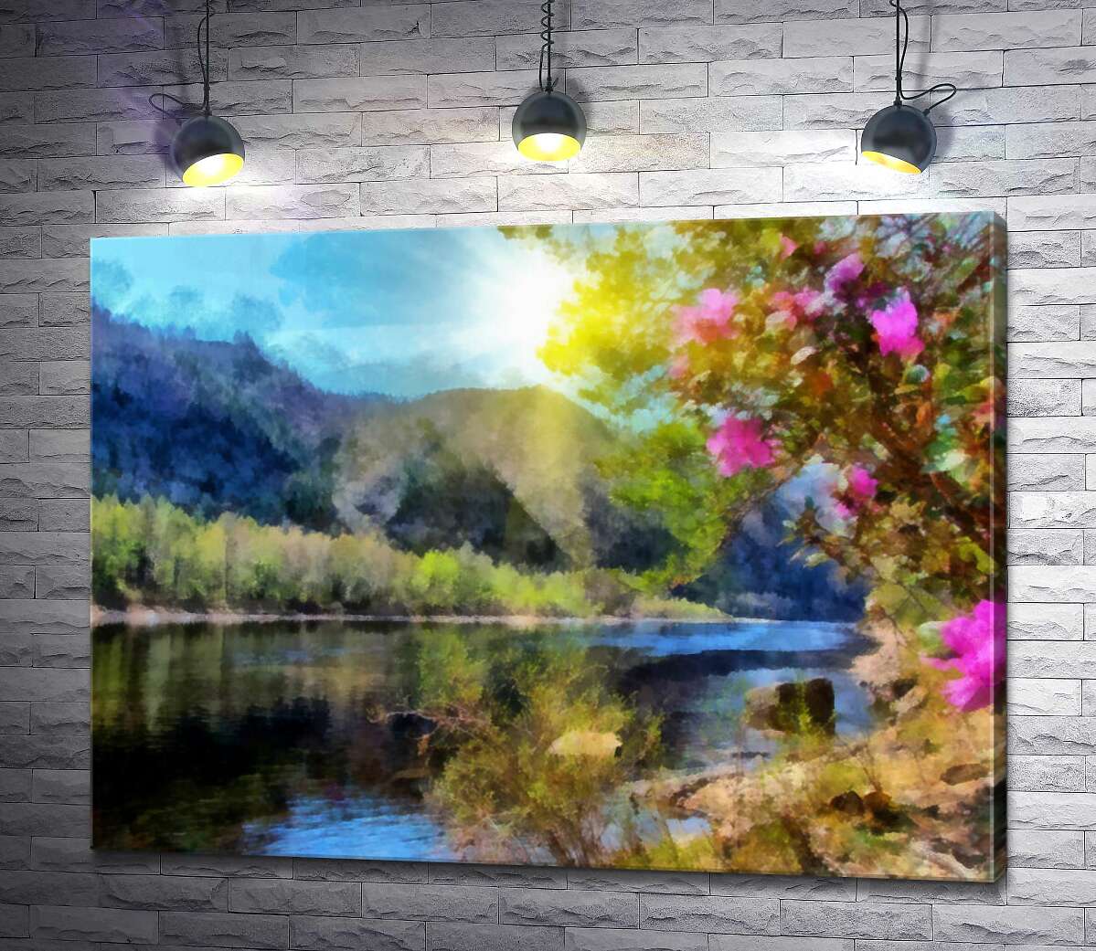 картина Цветущий куст на берегу горной реки