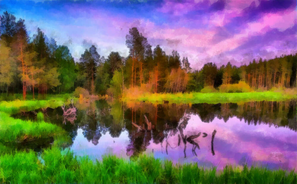 картина-постер Розовые облака отражаются в воде лесного озера