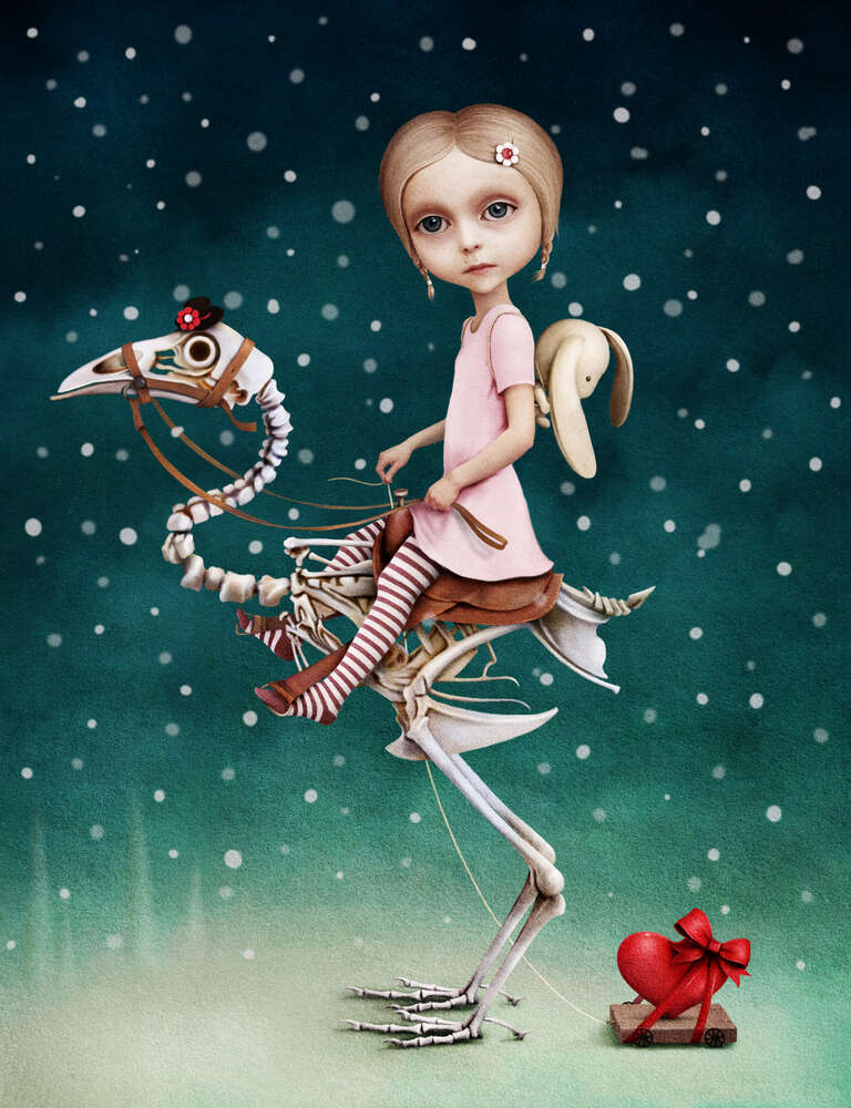 картина-постер Дівчинка верхи на скелеті птаха