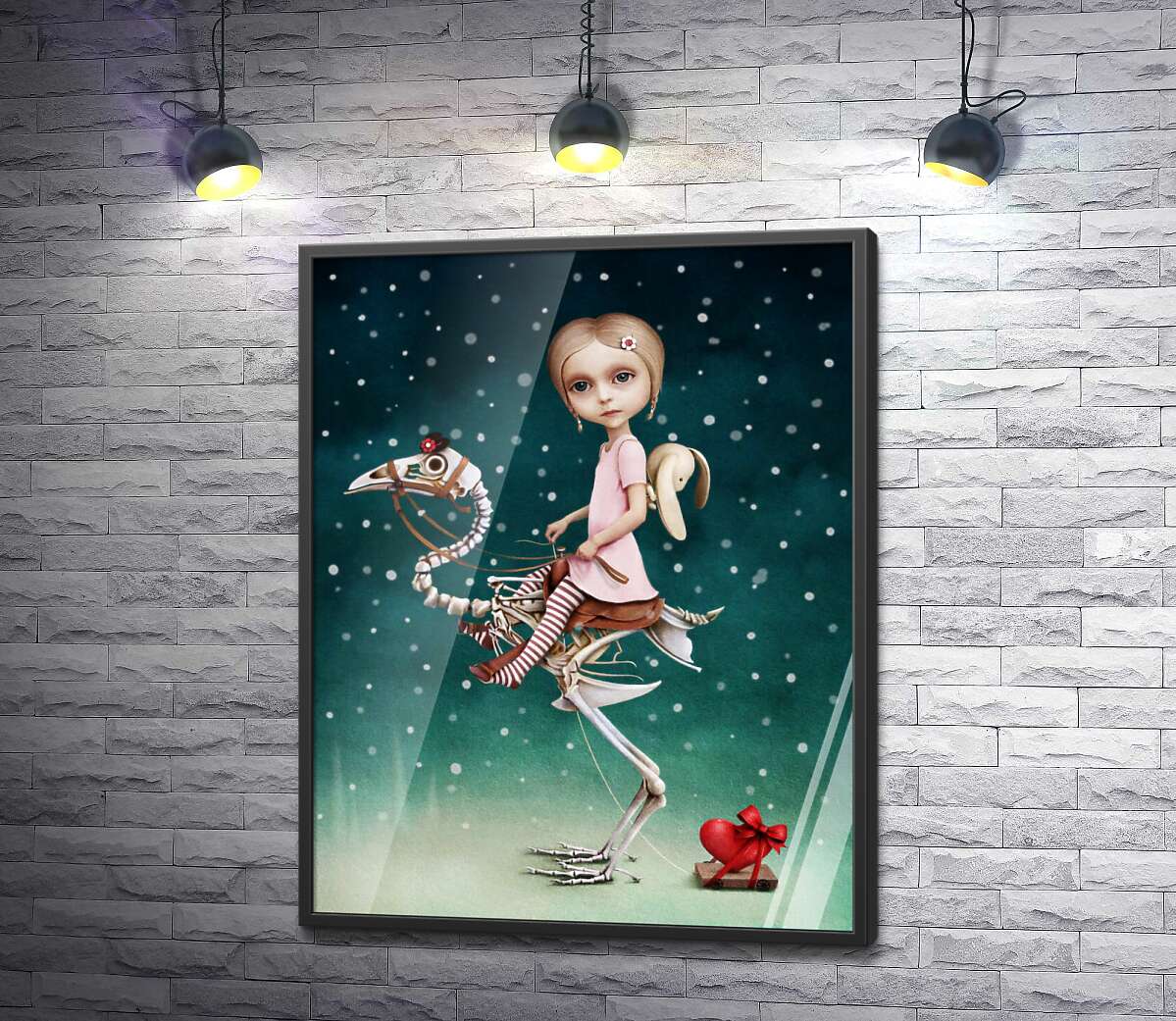 постер Дівчинка верхи на скелеті птаха