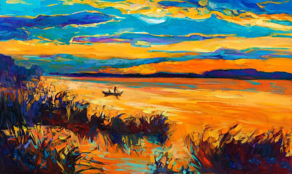 картина-постер Оранжевая вода вечерней реки с заросшим камышами берегом