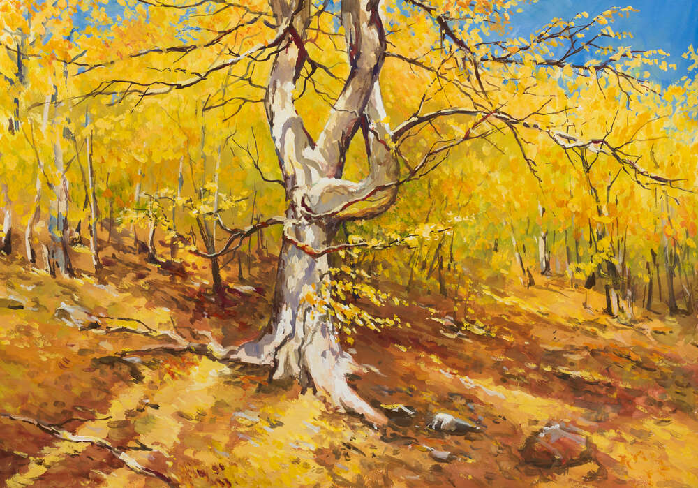 картина-постер Гілясте дерево на фоні молодого осіннього лісу