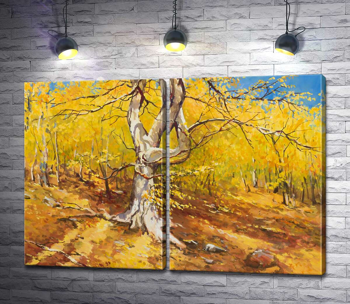 модульная картина Ветвистое дерево на фоне молодого осеннего леса