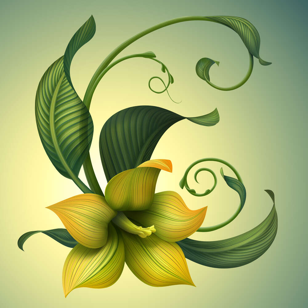 картина-постер Желтая лилия в центре изысканного узора из листья