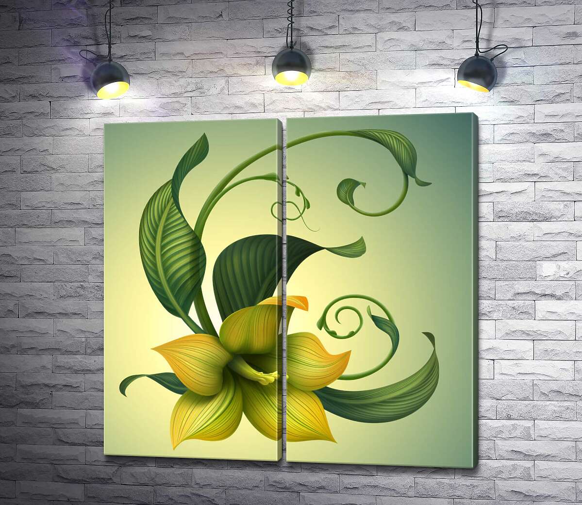 модульна картина Жовта лілія в центрі вишуканого візерунку з листя
