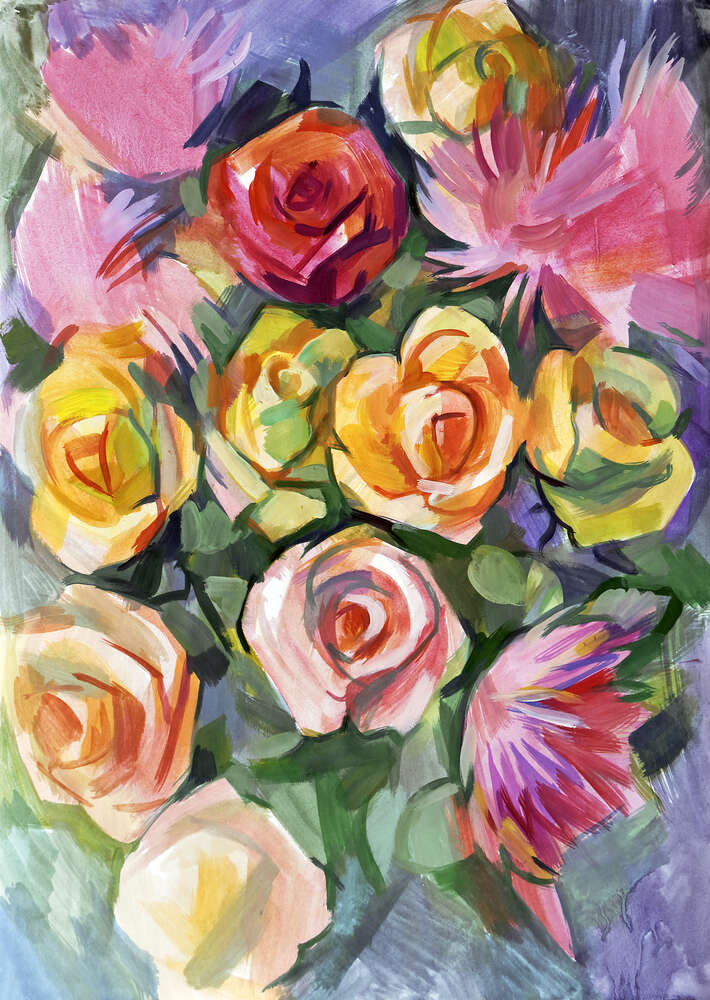 картина-постер Букет з троянд та айстр