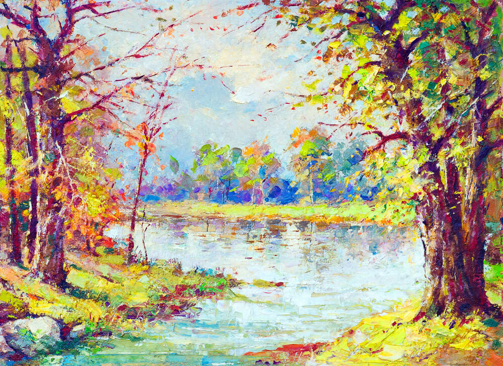 картина-постер Маленький ручей впадает в лесное озеро