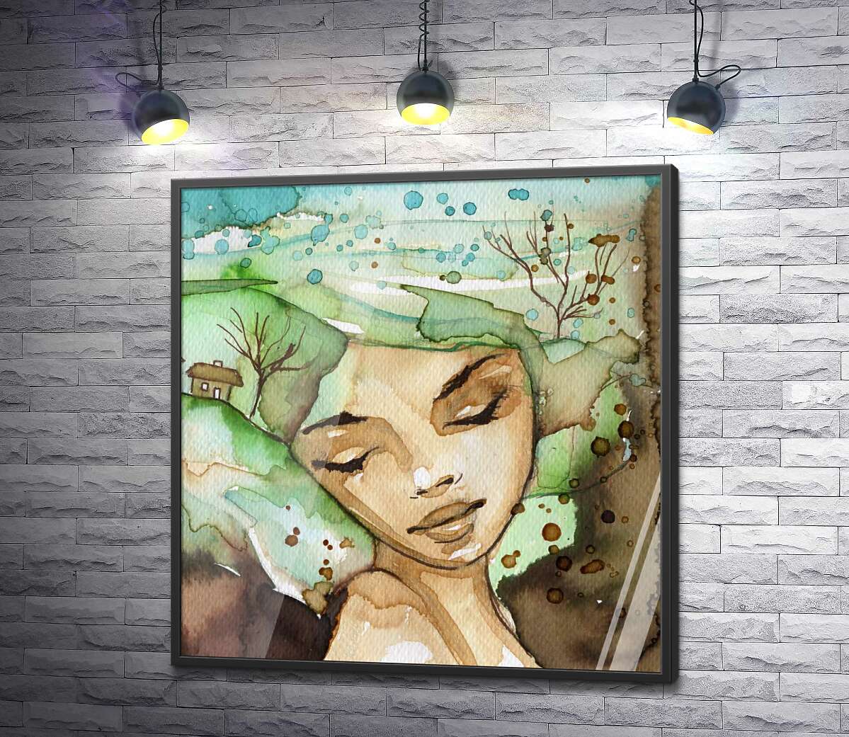 постер Зеленое поле из волос девушки