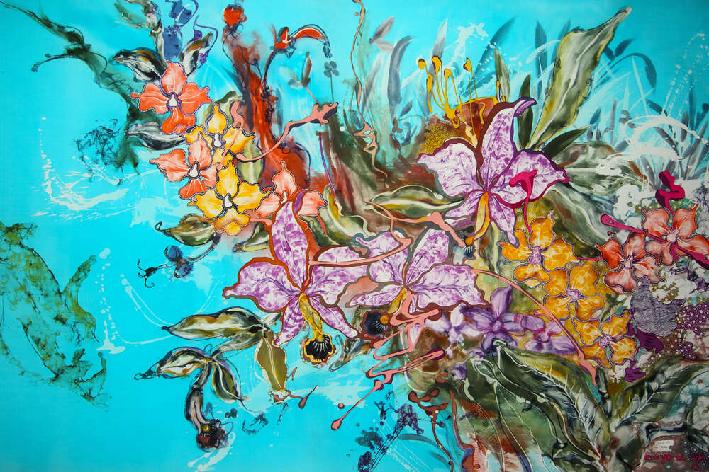 картина-постер Листья и цветы орхидей переплетаются в узор