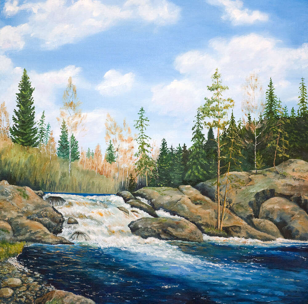 картина-постер Маленький водопад на каменистой реке