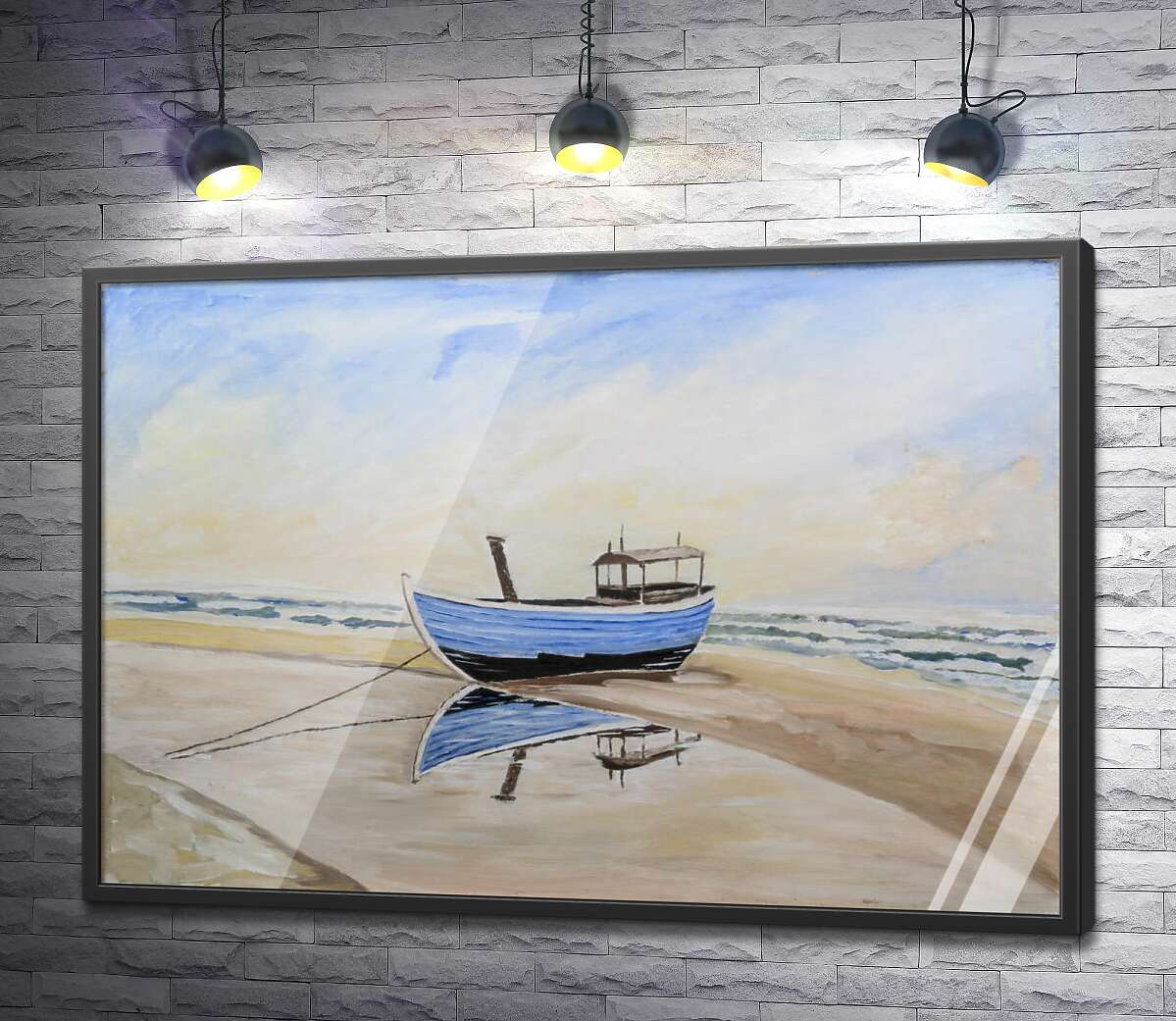 постер Голубая лодка на песчаном берегу