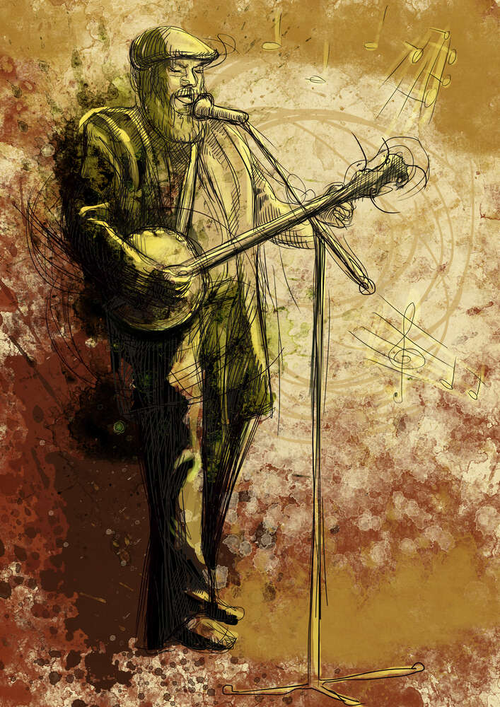 картина-постер Музыкант поет и играет на банджо