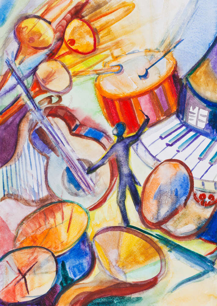 картина-постер Дирижер управляет оркестром музыкальных инструментов