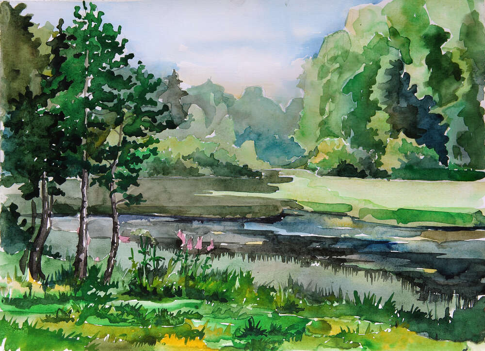 картина-постер Три стройные сосны растут на берегу реки