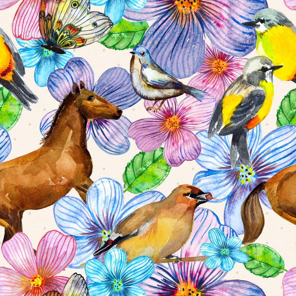 картина-постер Акварельный узор из лошадей, птиц и цветов